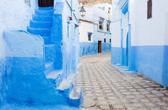 alone silent street in blue city Chefchaouen in Morocco