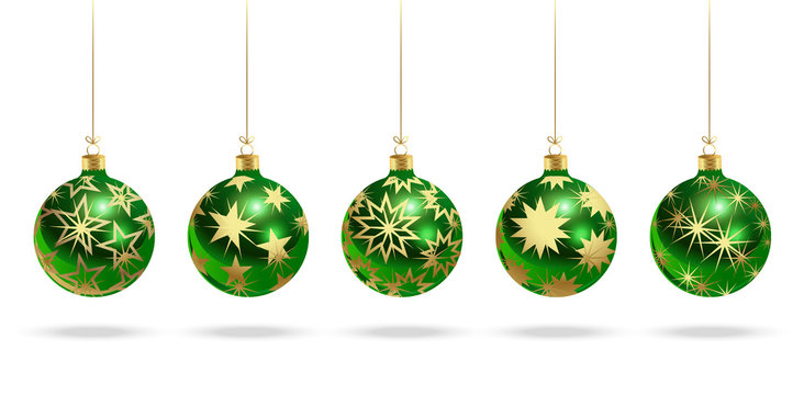 Green balls with a pattern of gold stars. New Year. Christmas. Set. Realistic vector image.