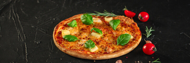 pizza, pineapple, chicken, tomato sauce, cheese, basil (pizza ingredients). Hawaiian pizza. Top view. copy space