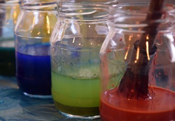 Ebru paint and Ebru brush. The process of creating a picture in the technique of Ebru. Marmaris. Turkey