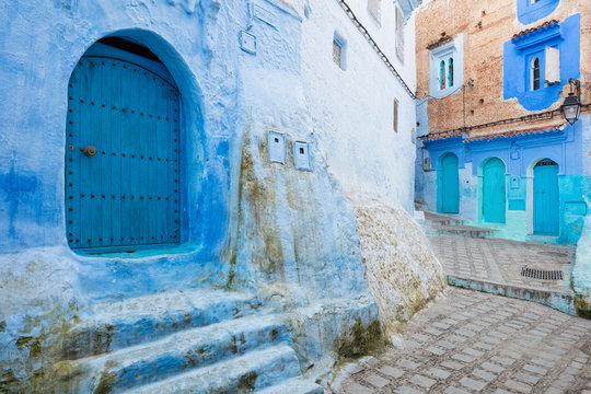 beautiful old street in blue city Chefchaouen in Morocco