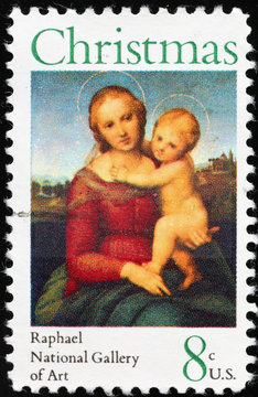 Painting Madonna and child by Raphael on american postage stamp