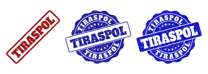 Obraz premium TIRASPOL grunge stamp seals in red and blue colors. Vector TIRASPOL imprints with grunge style. Graphic elements are rounded rectangles, rosettes, circles and text tags.