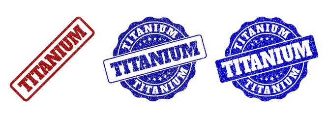 Obraz premium TITANIUM grunge stamp seals in red and blue colors. Vector TITANIUM signs with grunge surface. Graphic elements are rounded rectangles, rosettes, circles and text tags.