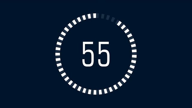 White countdown one minute animation from 60 to 0 seconds. Modern flat design with animation on dark background. 4K. Alpha channel.