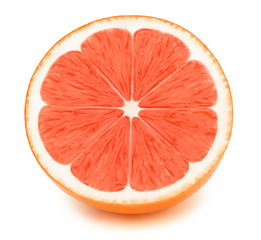 Perfectly retouched sliced half of grapefruit isolated on the white background with clipping path. One of the best isolated grapefruits halves slices that you have seen.