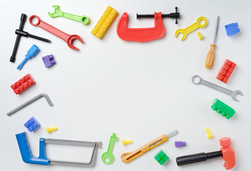 boys toys, frame made of accessories for children on old table