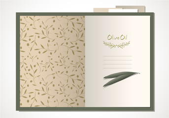 Open cook book with olive leaves and olive branches pattern. Hand written text and hand-drawn olive branches