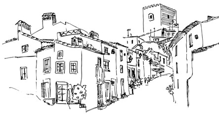 Old village south europe street view sketch