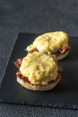Eggs Benedict on slate tray