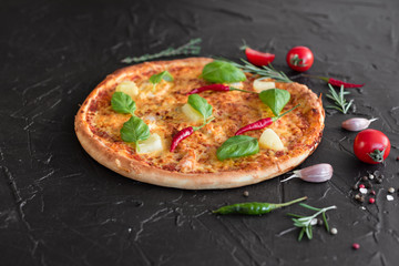 Pizza, food, vegetable, margarita.  Vegetables, mushrooms and tomatoes pizza on a black wooden background. It can be used as a background