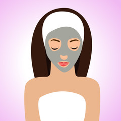 Beautiful woman with mask for perfect skin. Pink background. Vector illustration
