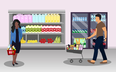 Buyers. Woman with a basket full of food, commodities, food, beverages. Man with cart full of food at supermarket. Vector illustration