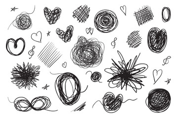 Hand drawn lines on isolated background. Chaotic textures with hatching. Wavy tangled backdrops. Black and white illustration. Elements for posters and flyers