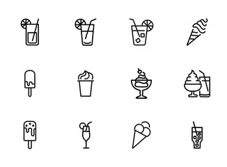 Refreshers line icon set. Cola, ice cream, lemonade. Drink concept. Can be used for topics like cafe, menu, food