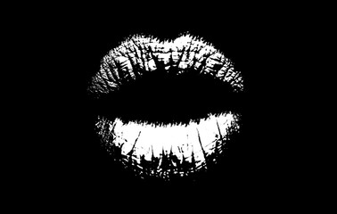 Lips icon. A beautiful imprint of lips on a black background. Woman concept. Makeup artist. Sensual...