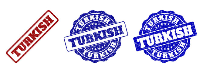 TURKISH grunge stamp seals in red and blue colors. Vector TURKISH signs with grunge effect. Graphic elements are rounded rectangles, rosettes, circles and text titles.