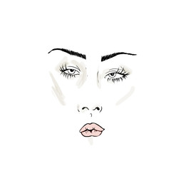 color sketch of the face, facial expression, languid look, nose and eyes, big eyes with eyelashes, large and thin eyebrows, pupils. pop art portrait. lush red lips