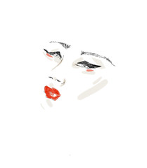 Obraz premium color sketch of the face, facial expression, languid look, nose and eyes, big eyes with eyelashes, large and thin eyebrows, pupils. pop art portrait. lush red lips