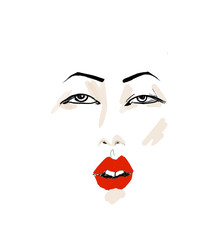 color sketch of the face, facial expression, languid look, nose and eyes, big eyes with eyelashes, large and thin eyebrows, pupils. pop art portrait. lush red lips