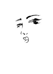 mimic face, languid look, sketch of lips, nose and eyes, big eyes with eyelashes, large and thin eyebrows, pupils