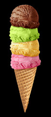 chocolate, strawberry and pistachio big ice cream scoops with cone isolated on black background