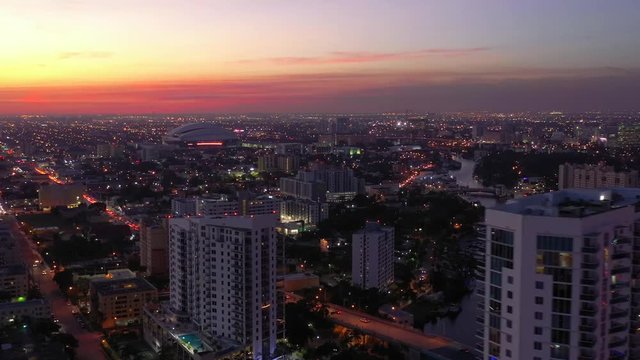 Twilight aerials Miami city lights
