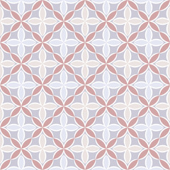 Seamless geometric pattern with abstract floral elements based on Arabic ornaments. Geometric checkered background in white and pink colors