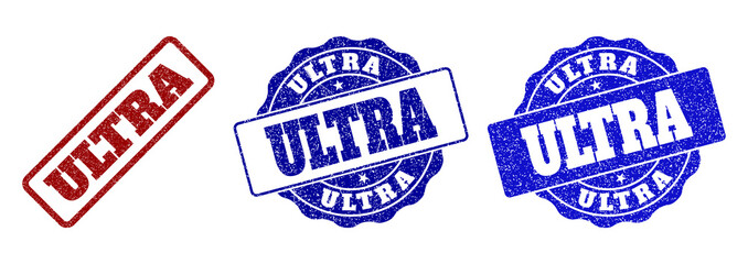 ULTRA grunge stamp seals in red and blue colors. Vector ULTRA signs with grunge effect. Graphic elements are rounded rectangles, rosettes, circles and text titles.