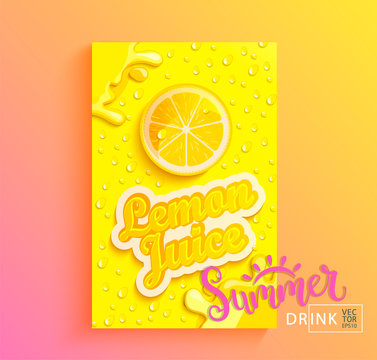 Fresh lemon juice banner with drops from condensation, splashing and fruit slice on gradient hot summer background for brand,logo, template,label,emblem,store,packaging,advertising.Vector illustration