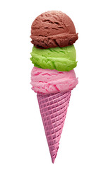 green tea, chocolate, strawberry and pistachio big ice cream scoops with cone isolated on white background