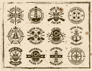 Maritime vector emblems on textured background