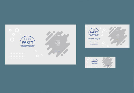 Pool Party Social Media Cover and Post Layouts with Wave and Bubble Elements