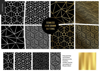 Hand drawn Patterns - a group set of eight abstract seamless patterns - black, gold and white. Geometrical lines and shapes. - black