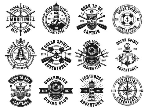 Nautical thematic big set of vector retro emblems