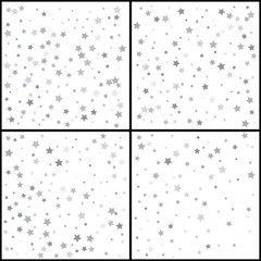 Silver glitter falling stars. Silver sparkle star on white backgrounds . Set of vector templates for New year, Christmas, birthday, party, wedding, card, invitation, flyer, voucher, web. 4 in 1