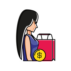 young woman with bag shopping and coin