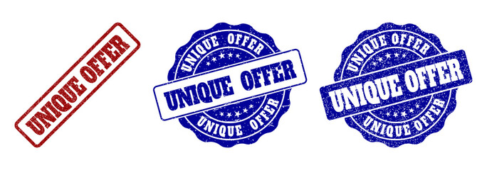 UNIQUE OFFER grunge stamp seals in red and blue colors. Vector UNIQUE OFFER signs with grunge texture. Graphic elements are rounded rectangles, rosettes, circles and text titles.