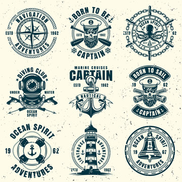 Nautical set of nine vector vintage style emblems