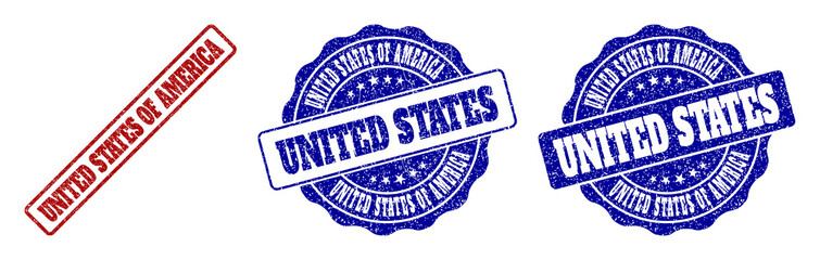 Fototapeta premium UNITED STATES OF AMERICA grunge stamp seals in red and blue colors. Vector UNITED STATES OF AMERICA signs with grunge surface. Graphic elements are rounded rectangles, rosettes,