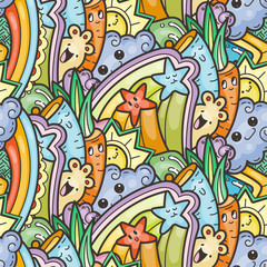 Fototapeta na wymiar Funny doodle monsters on seamless pattern for prints, designs and coloring books