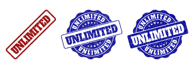 UNLIMITED scratched stamp seals in red and blue colors. Vector UNLIMITED labels with grainy texture. Graphic elements are rounded rectangles, rosettes, circles and text labels.