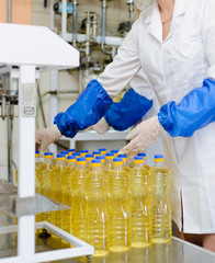 Sunflower oil factory. Factory line of production and filling of refined oil from sunflower seeds.