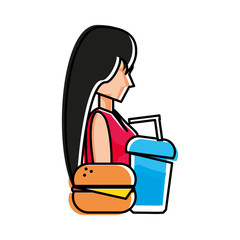 young woman with hamburger and beverage