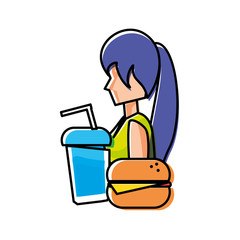 young woman with hamburger and beverage