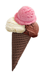 chocolate, strawberry and vanilla ice cream scoops with cone isolated on white background
