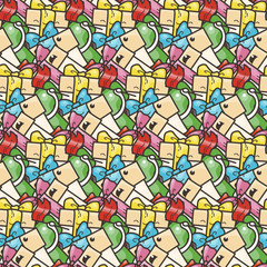 Funny doodle seamless pattern with gift boxes. Cute for prints, cards, designs and coloring books