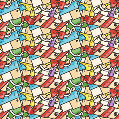 Funny doodle seamless pattern with gift boxes. Cute for prints, cards, designs and coloring books