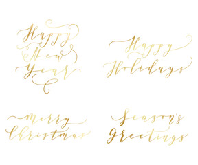 Happy New Year labels, emblems, logo, text, greeting cards set. Vector winter holidays backgrounds with hand lettering calligraphy. Golden gradient