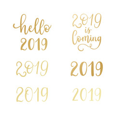 Happy New Year labels, emblems, logo, text, greeting cards set. Vector winter holidays backgrounds with hand lettering calligraphy. Golden gradient